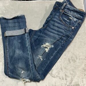 American Eagle Outfitters Blue Skinny Jeans with Distressed Details